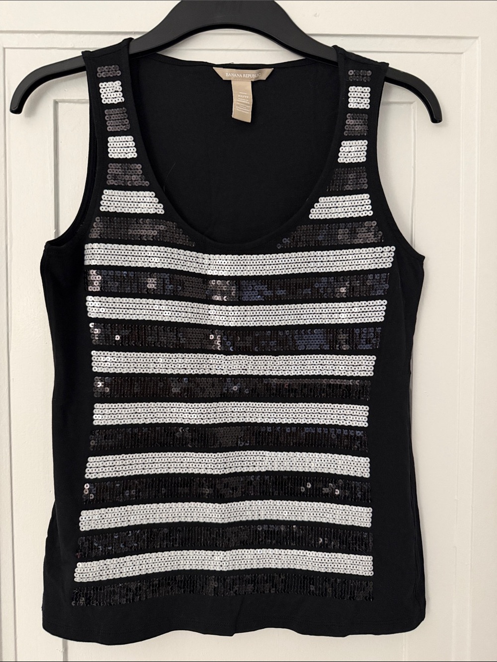 Banana Republic Black Tank Top with Silver Sequin Stripes